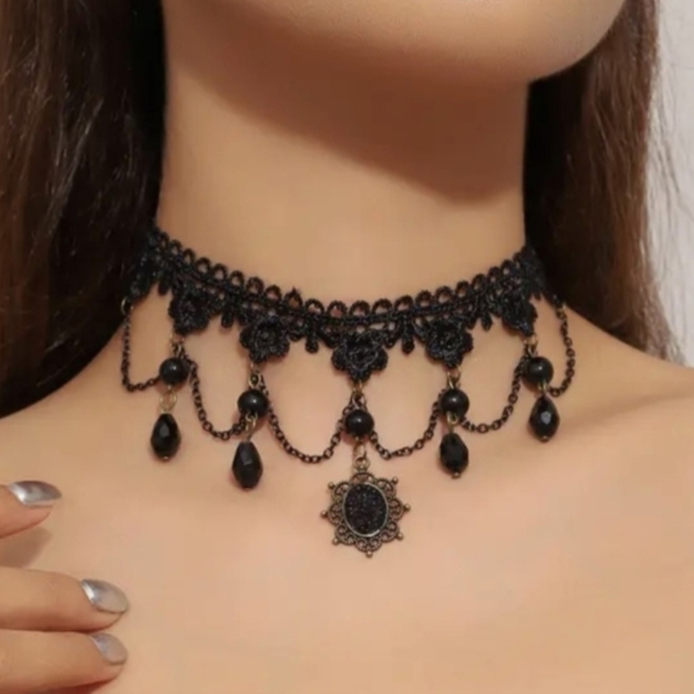 NEW Stella Black Gothic Victorian Style Flowers Lace Choker Necklace w/ Beads